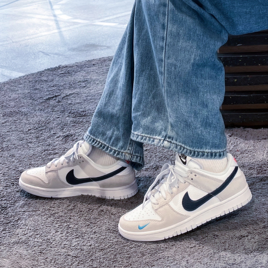 Nike Dunk Low White Gray Navy Aqua Mini Swoosh